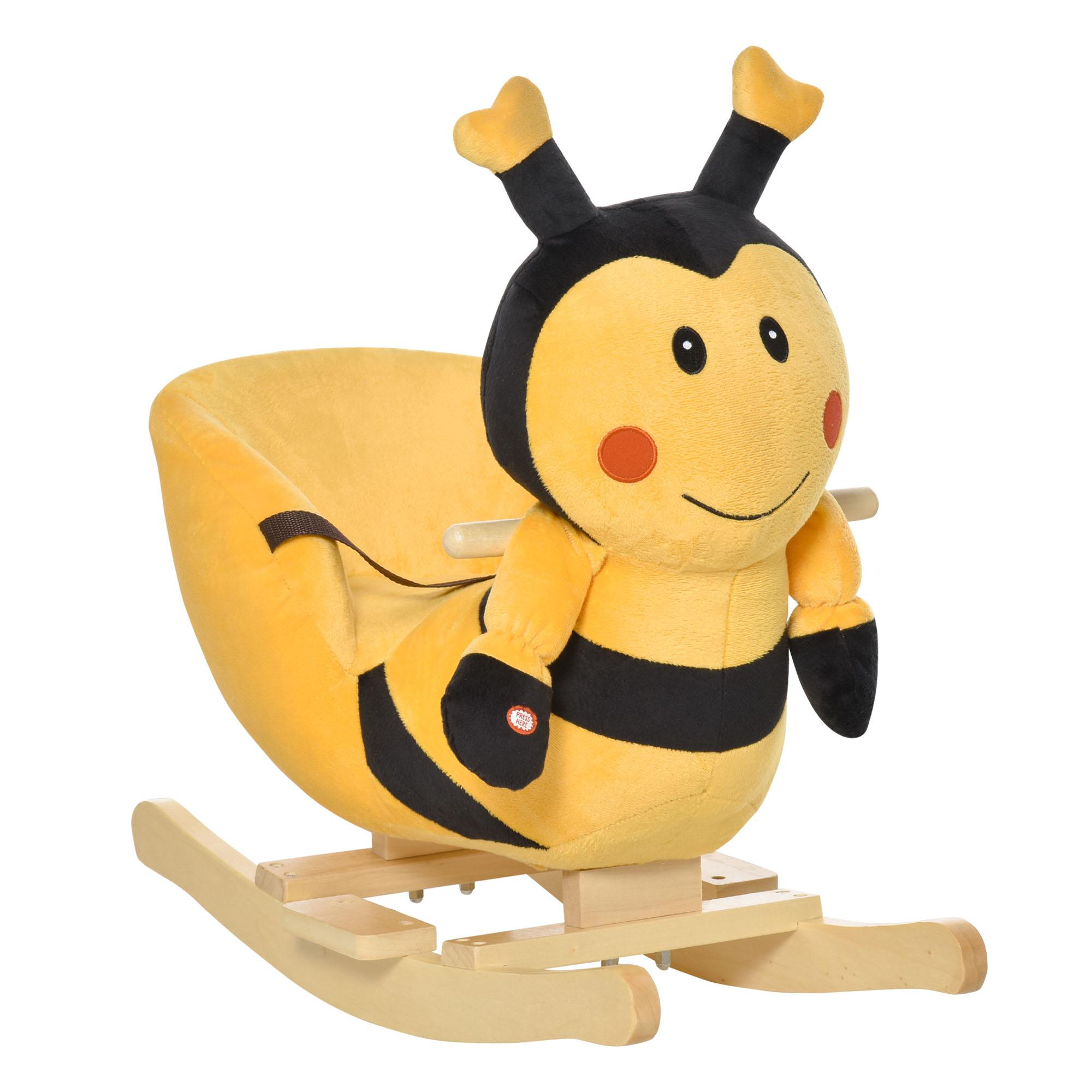 Animal de Balanço Infantil em Madeira de Choupo em Forma de Abelha com Música, 60x33x45 cm, Amarelo e Preto