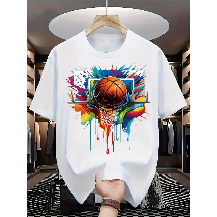 Breathable Men S Basketball Graphic T-Shirt - Royal Blue Shirt with Hoop Design - Lightweight Summer Tee for Sports, Casual Outfits & Casual Attire - S белый
