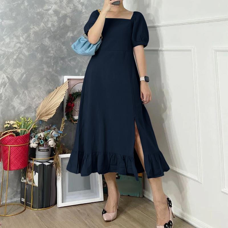 

ZANZEA Женское повседневное платье с квадратным воротником, свободное, с коротким рукавом, длинное S тёмно-синий