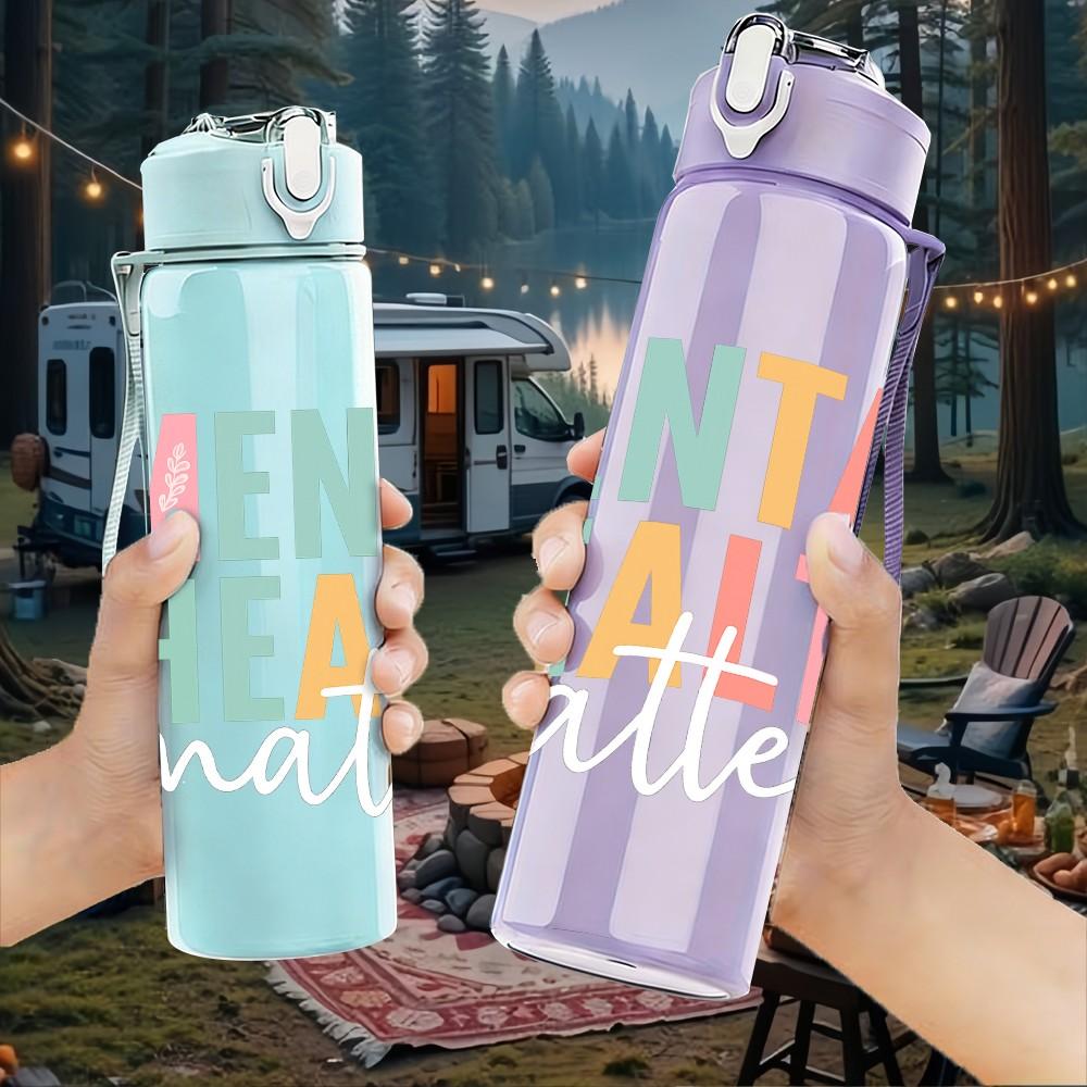 1PC Mental Health Color Letter Print 750ml Color Plastic Sports Water Bottle Leakproof Flip Straw Lid Suitable for Sports Office Home Use