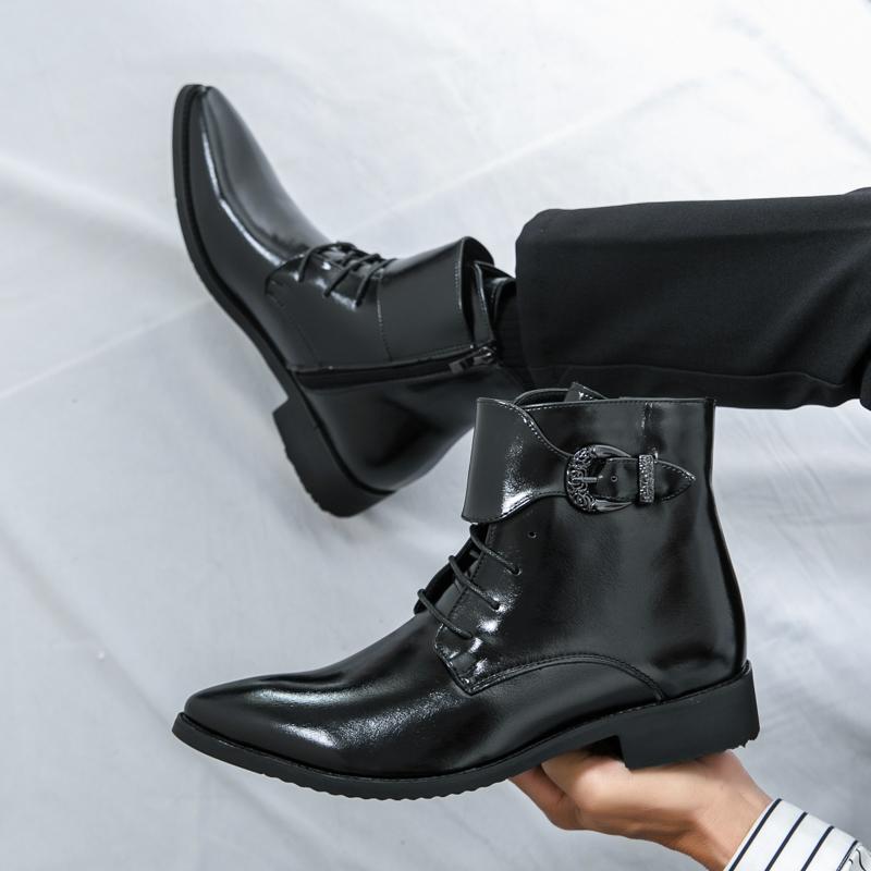 Autumn Collection Men Pointed High Top Boots Formal Leather Shoes Brand Men's Buckle High Top Comfortable Leather Shoes