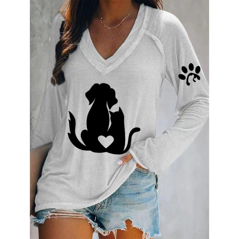 Ilstile Women's Lovely Dog Cat Print T-Shirts Spring Summer Long Sleeve Casual Loose V Neck Tops Blue Green Tees New Arrival