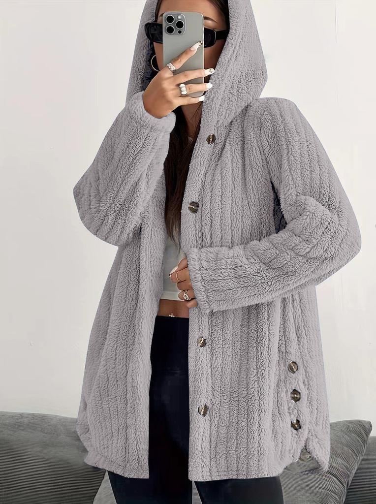 Women's Hooded Fleece Cardigan Jacket Loose Long Sleeve Button Front Casual Coat Winter Outerwear