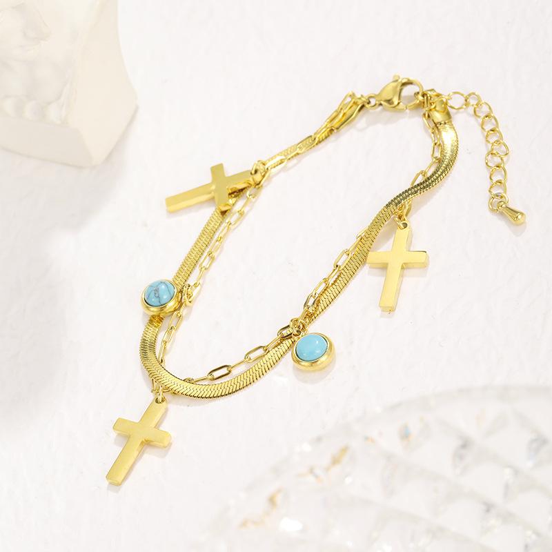 New European and American cross double-layer bracelet simple niche design turquoise pendant stainless steel gold-plated bracelet