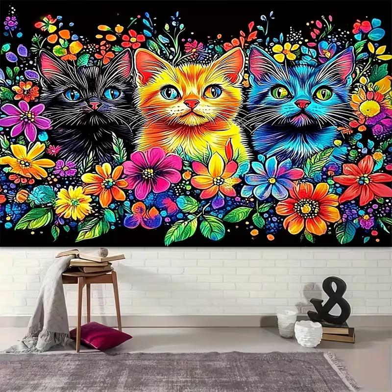 2D Colorful Kittens & Flowers Backdrop Cloth, Bright Art Photo Background