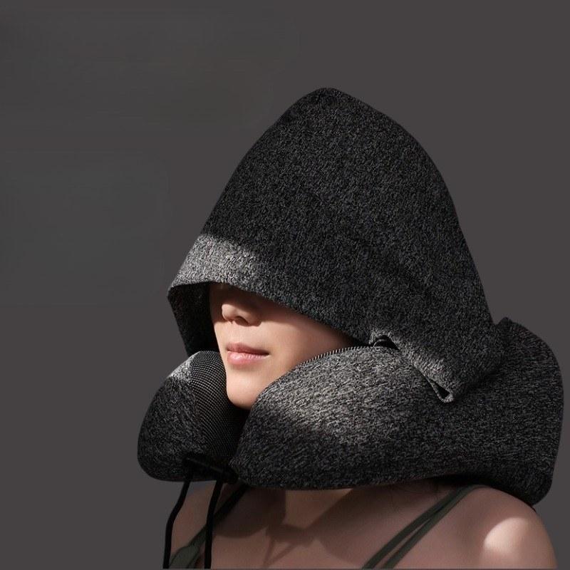Memory foam-supported foldable travel neck pillow with stress-relieving U-shaped super soft contour hooded travel wrap pillow