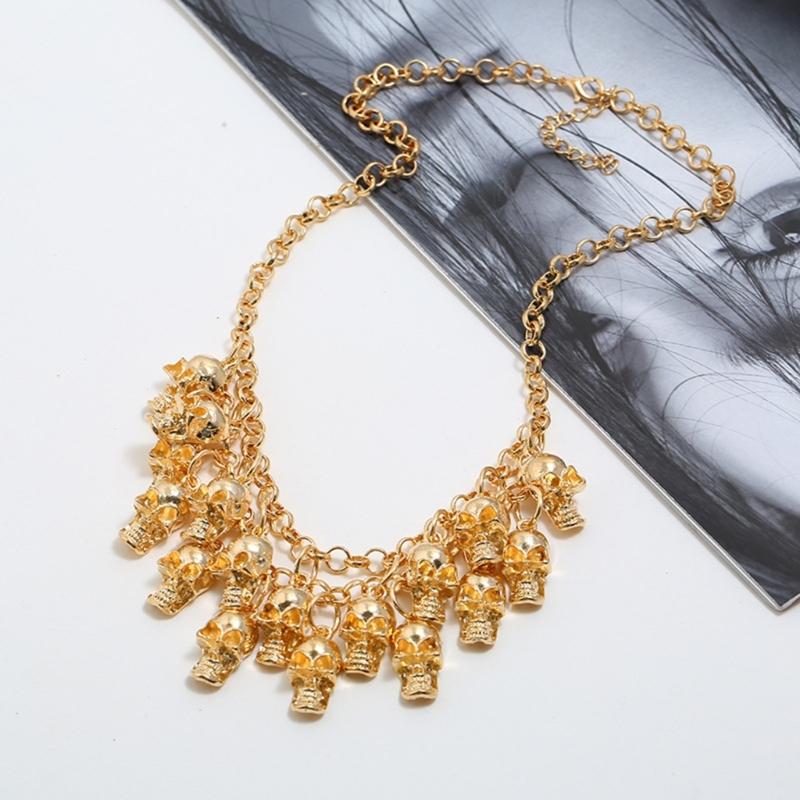 Punk Halloween Skull Necklace Statement Chain Jewelry with Front Drape and Alloy Finish for Concert and Party Outfits Daily
