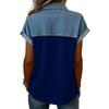 Camicie Patchwork in Denim da Donna Collo Alto Blusa Casual Manica Corta Maglietta Comoda Moda Primavera Estate