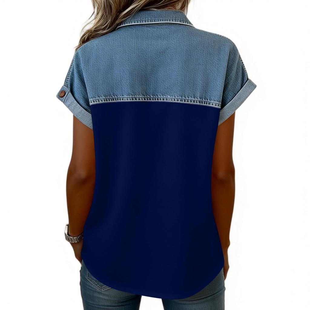 Camicie Patchwork in Denim da Donna Collo Alto Blusa Casual Manica Corta Maglietta Comoda Moda Primavera Estate