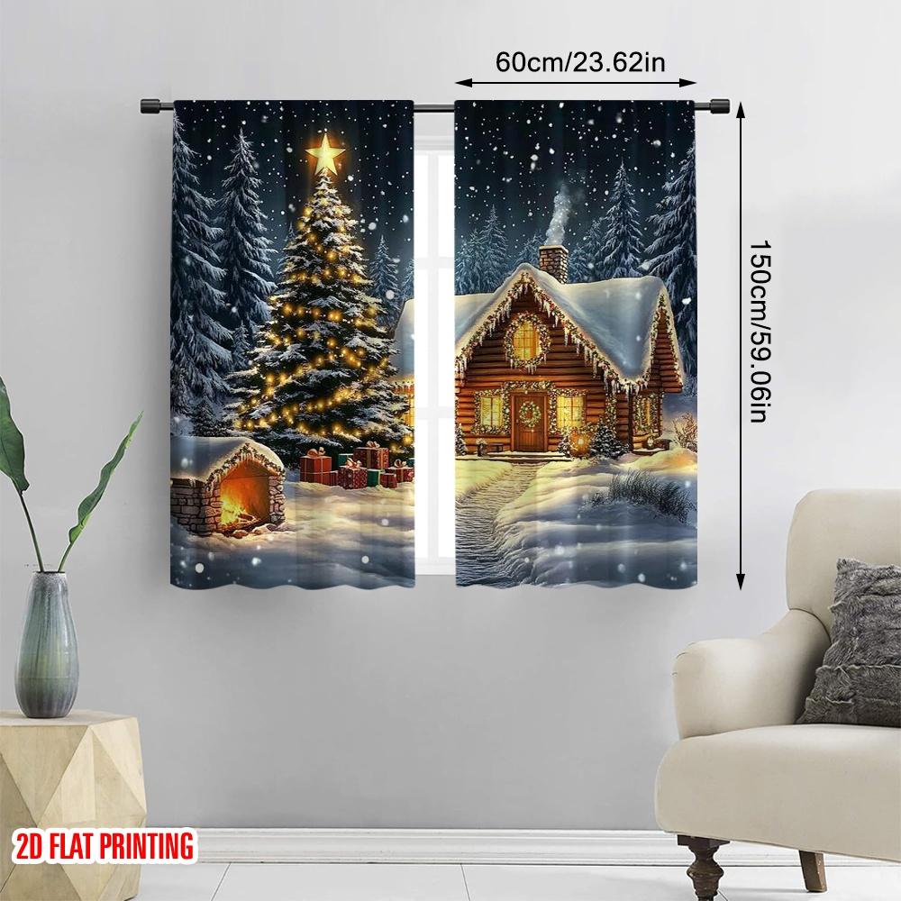 2pcs 2D Flat Printing Christmas Window Drapes Holiday Christmas House Versatile Durable Polyester Without Electricity Spring