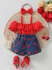 2025 New Arrival Girls' Euro-American Spaghetti Strap Ruffled One-Shoulder Top + Heart Washed Denim Set