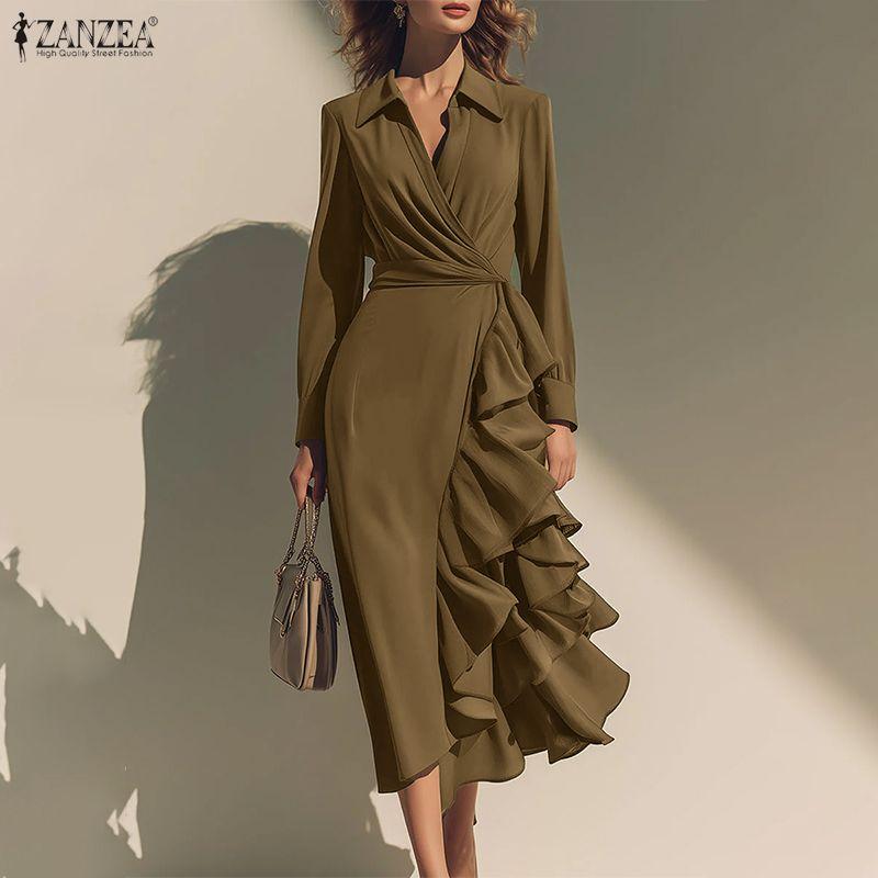Down Casual Turn Women Zanzea Collar Long Sleeve Ruffles Dress
