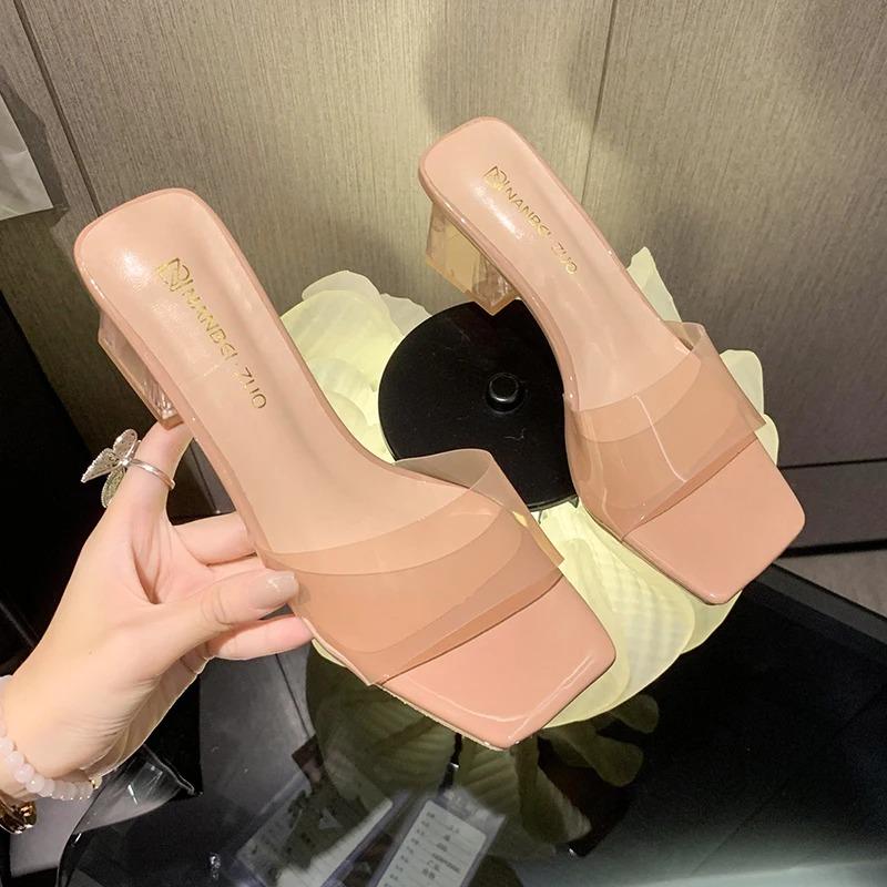 Women's Slippers Temperament Transparent Pvc Middle Heels Slippers Summer New Mules Slippers for Women Comfortable Cool Slipper