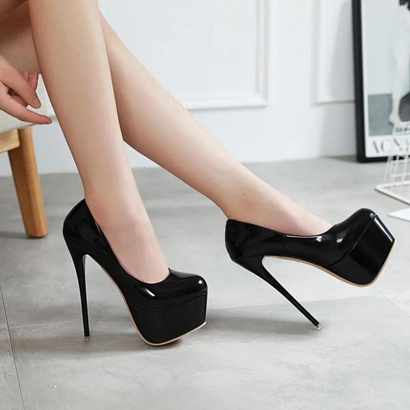 Platform Heels Women Wedding Shoes Female Sexy Thin High Heels 16cm Pumps Black Patent Leather Ladies Shoes Plus Size 35-43