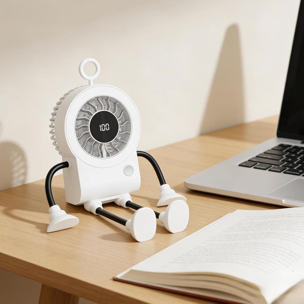 Desk Fan Robot Shape Personal Rechargeable Air Cooler With LED Light Portable Fan With Suction Cups For Home Kitchen Bedroom