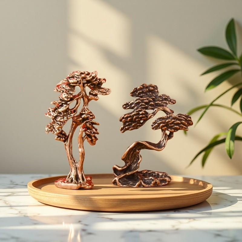 Zinc Alloy Pine Bonsai Sculpture Fine Craftsmanship Vintage Finish Accent Decor for Home Office Living Room Desktop