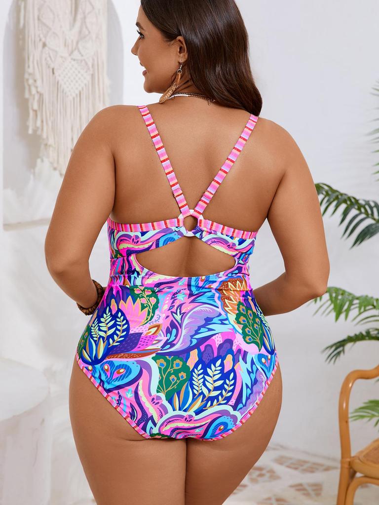 Übergröße Bohème Blumenmuster Spaghettiträger Einteiler Badeanzug Damen Raffung Bauchkontrolle Kurvig Badeanzug 3XL 4XL 5XL