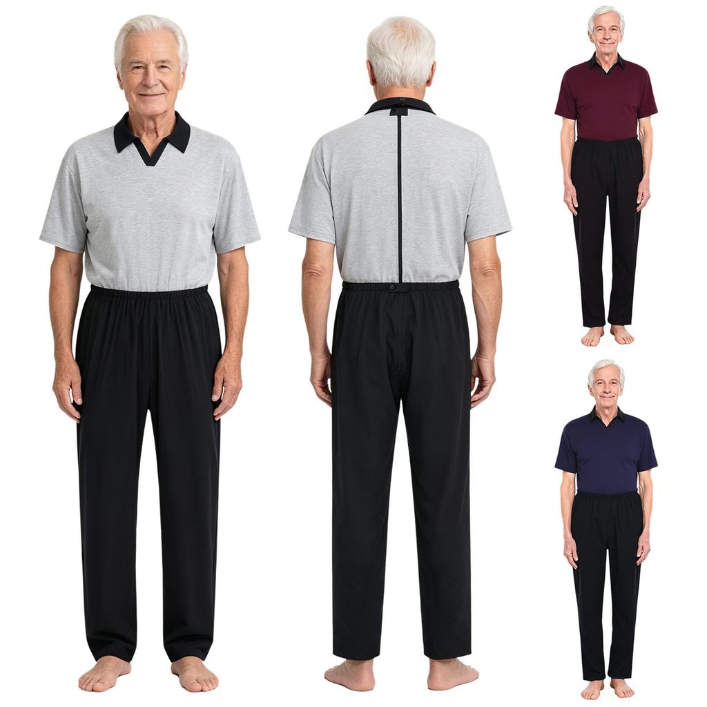 Mens Adaptive Anti-Strip Jumpsuit Lapel Short Sleeve Back Zip-up Pants Leg Zip One-piece Romper for Elderly Patient Care