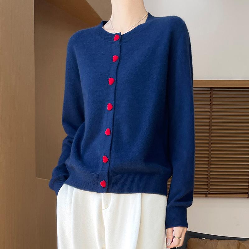 Women's 100% Wool Loose Knit Cardigan with Heart Buttons - Sweet Style Round Neck Sweater for Autumn/Winter