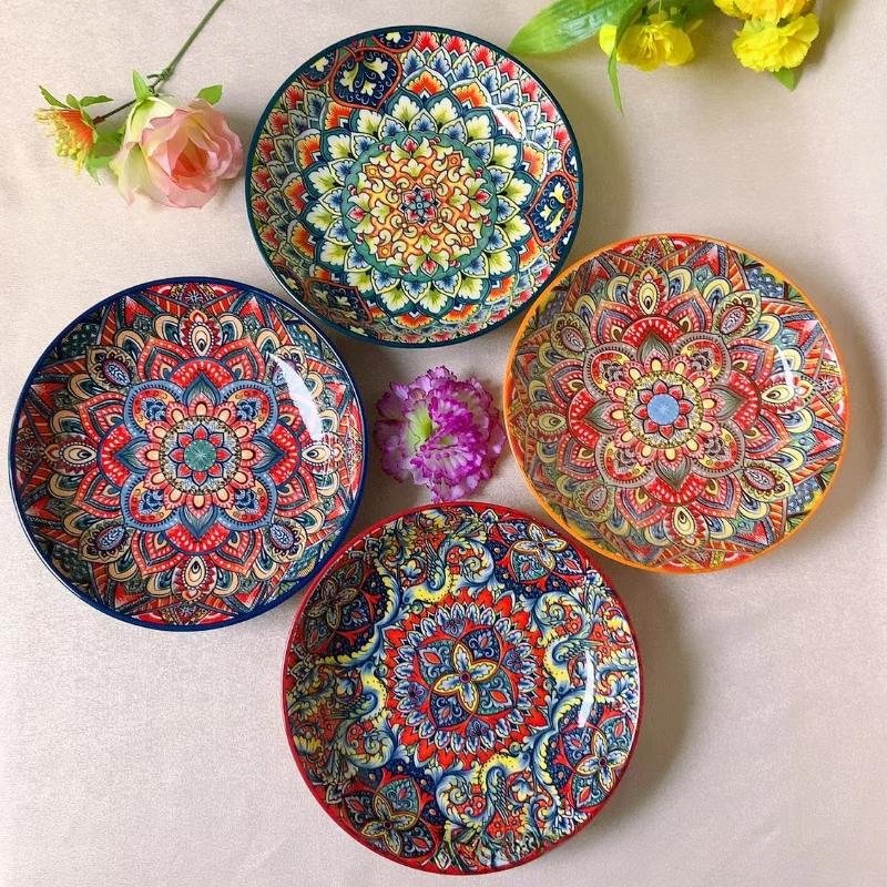 8inch Bohemian Ceramic Western Steak Plate Vintage Dinnerware Set Floral Design Home Restaurant Fruit Plate Bowl Dinner Plate