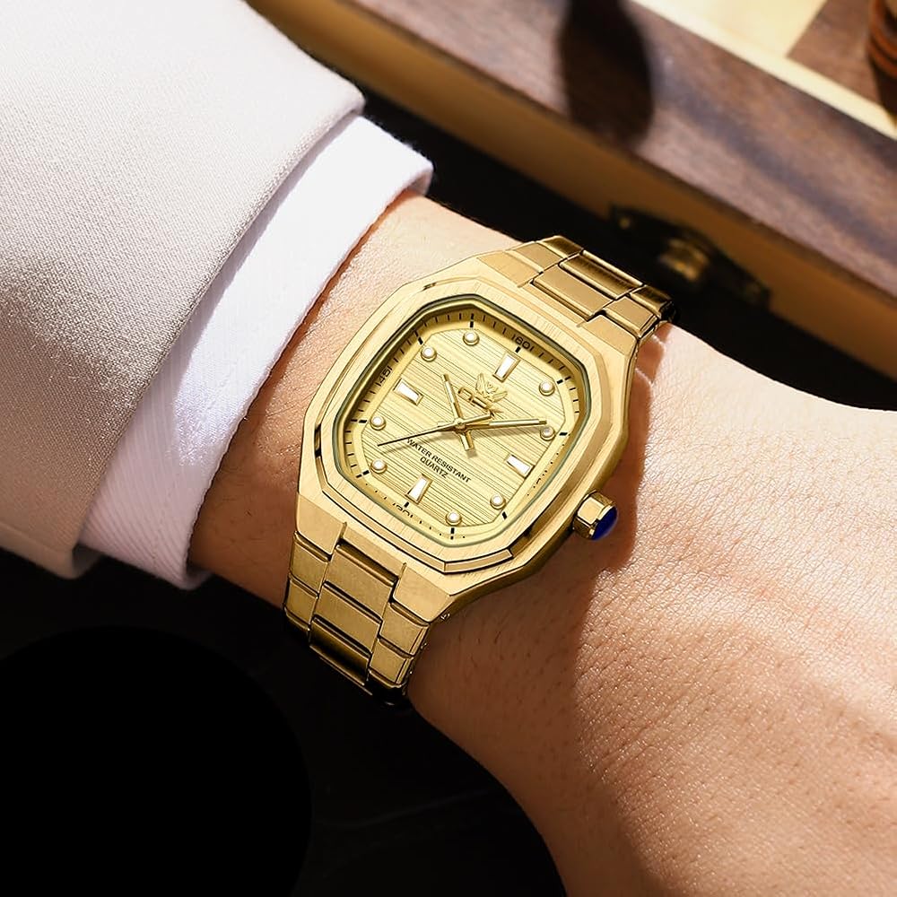 OPK Men's Quartz Analog Watch Waterproof Luminous Stainless Steel Band Simple Elegant Gold