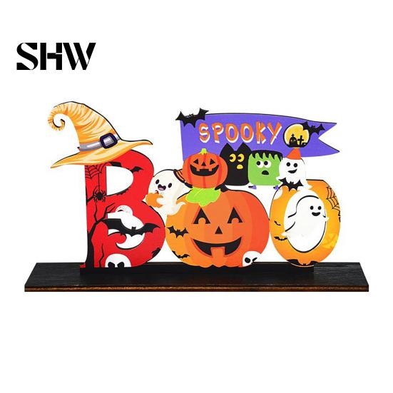 Rustic Halloween Home Accents Tabletop Decor Signs, Pumpkin Ghost Gnome Wood Centerpiece Blocks, Spooky Indoor Autumn Seasonal Party Tiered Tray Table