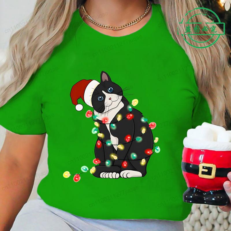 Summer Round Neck 3D Christmas Black Cat Pattern Print Top Fashionable Casual Short Sleeved Women's T-shirts
