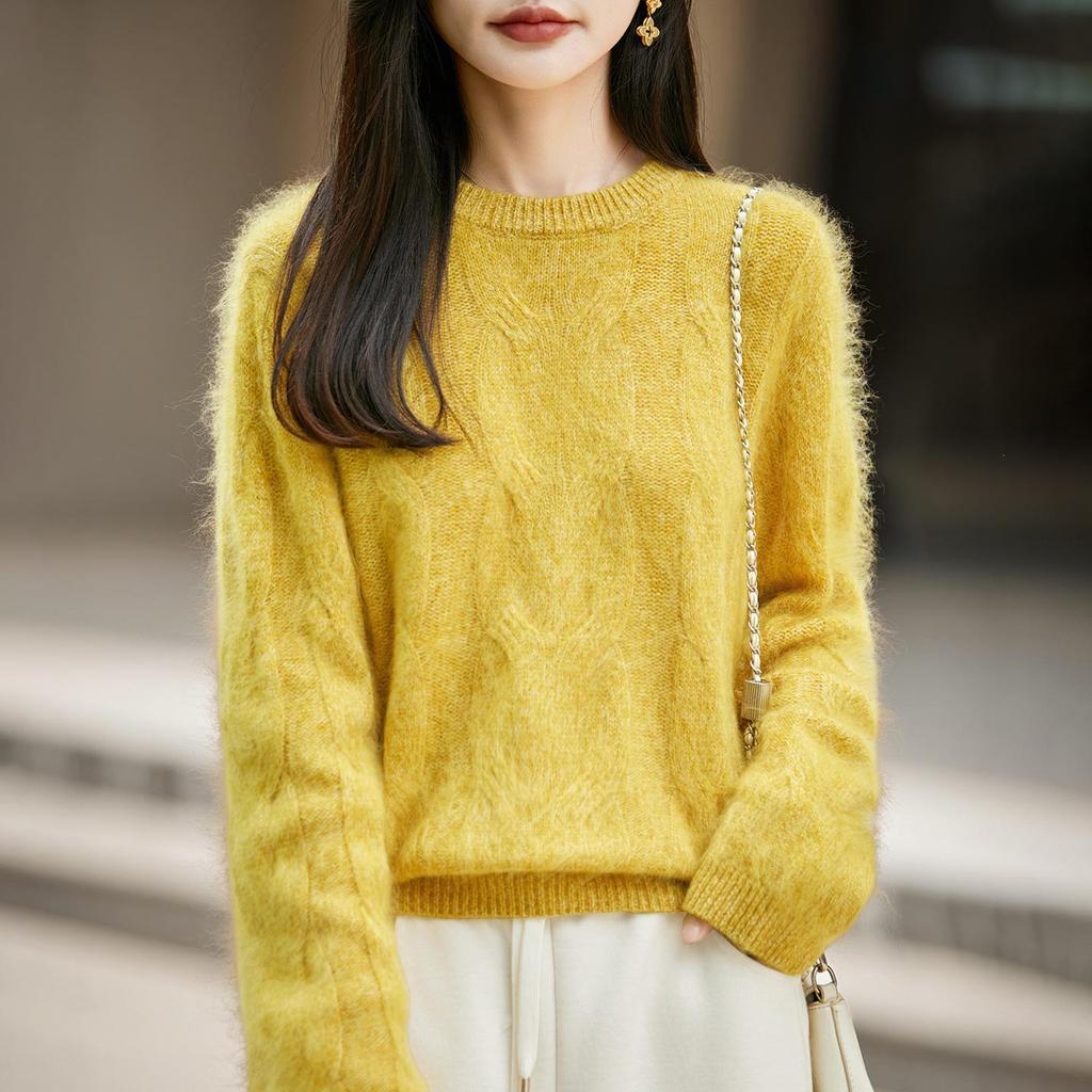 2026 Autumn/Winter Women's Cashmere Wool Marled Knit Loose Sweater, Round Neck, Long Sleeve