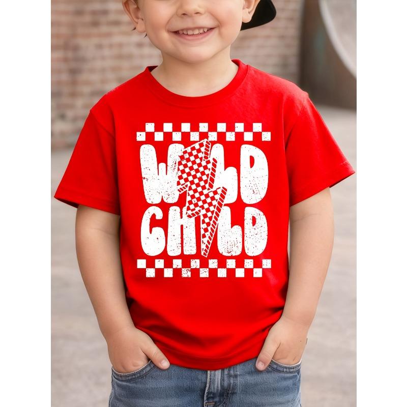European sizes Boys' WILD CHILD Letter Lightning Print Casual Fashion Versatile T-Shirt
