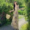 New Holiday Style Dress Women's Summer Lace Hip Wrap Fishtail Skirt Floral Suspender Dress Long Dress