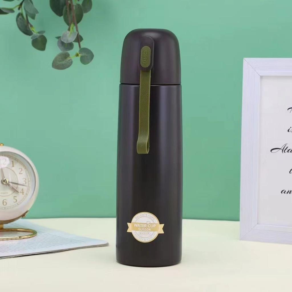 350/500ml 304 Stainless Steel Insulated Water Bottle with Leather Strap, Portable Vacuum Thermos for Daily Office Use