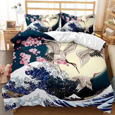 Juego de funda nórdica de tendencia nacional, juego de cama con estampado de grullas y flores de cerezo, funda de edredón de poliéster retro tradicional con olas del mar