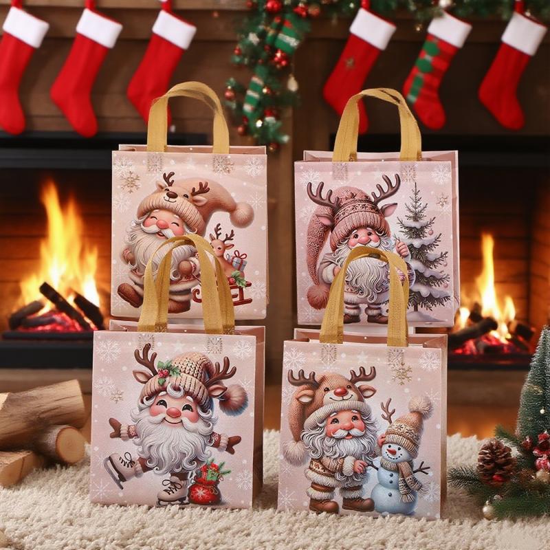 12 Vintage Christmas Gift Bags - Santa Claus, Reindeer, Snowflake Patterns - Beige and Brown Holiday Party Gift Bags, Non-woven