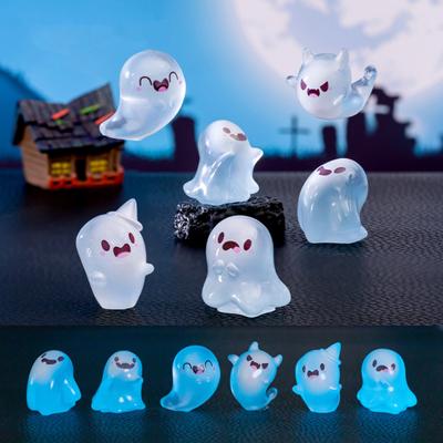 6Pcs Luminous Mini Resin Ghost Figurines Glowing Halloween Ornaments Small Ghost Micro Miniature Statue for Outdoor House Landscape Party