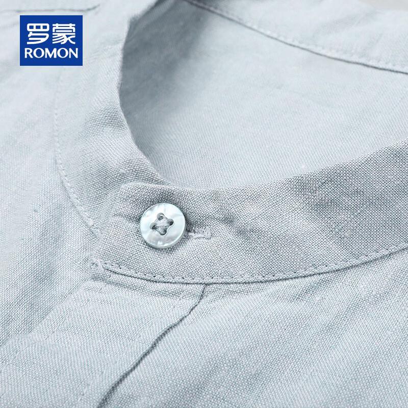 ROMON Men's 100% Linen Stand Collar Short Sleeve Shirt