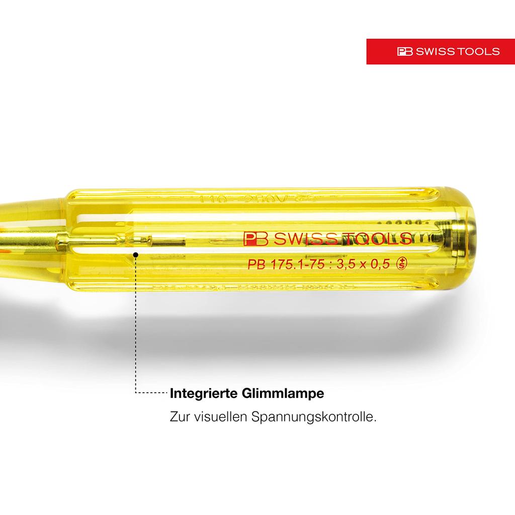 PB SWISS TOOLS Klassischer Griff Stromprüfer Flachkopf Klingenstärke x Klingenbreite Gesamtlänge Schraubendreher, 0,5 mm 3,5 mm, 175 mm, 175.1-75