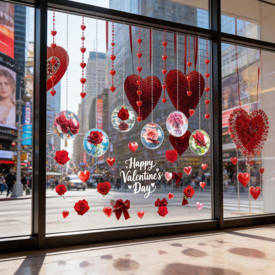 Valentine's Day Window Clings Rose Flower Heart Static PVC Window Glass Decals Reusable Double-Sided Static Stickers for Wedding Anniversary Home