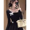 Xiaoxiangfeng black off-the-shoulder bow dress women's spring new unique and beautiful waist and thin short skirt