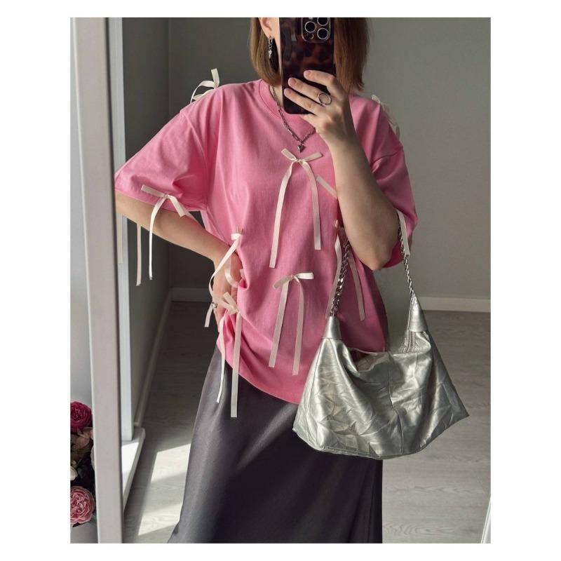 Summer New Design Three-dimensional Bow Decoration Versatile Mid-length T-shirt for Women