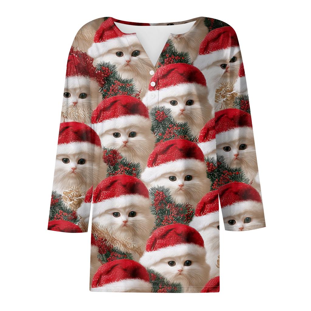 Damenmode Lässig Halloween Bedruckt V-Ausschnitt Kurzarm Zierknopf Dreiviertelarm T-Shirt Top