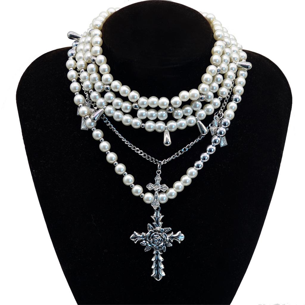Elegant Silver Crosses Necklace Pendant with Stylish Pearls Accessory for Trendy Women Ladies Daily Use Casual Wear