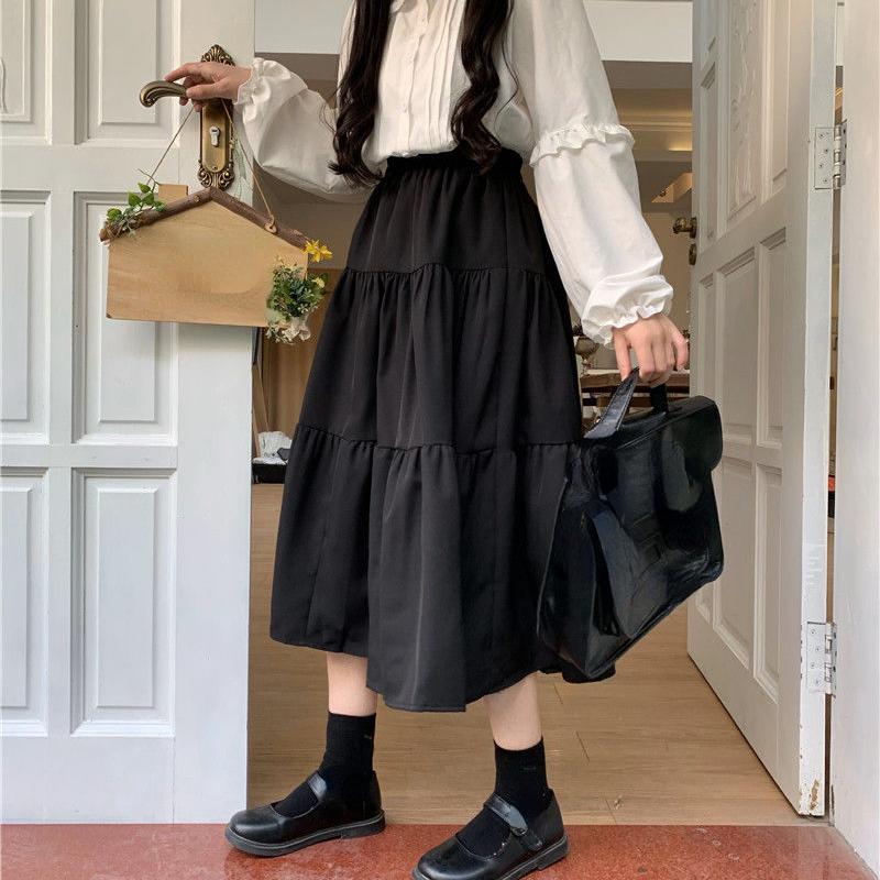 Kawaii Schwarz Langer Rock Damen Japanisch Lolita Niedlich Patchwork Hohe Taille Locker A-Linie Midirock Lässig Herbst Soft Girl
