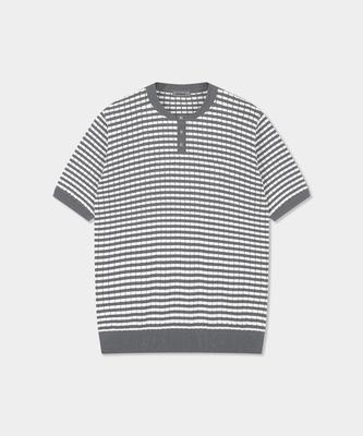 BIRBANTE Summer Washable Henley Neck Knit - Gray Stripe