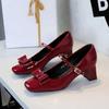 Fashion European And American Style Banquet Fashion Bow Patent Leather Thick Heel Single Shoes Mid-Heel One-Liner Shoes Comfortable