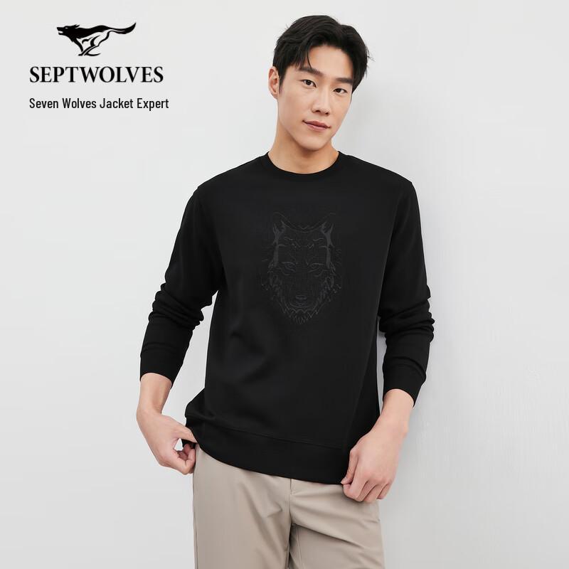 Septwolves Men's Embroidered Wolf Head Round Neck Sweatshirt