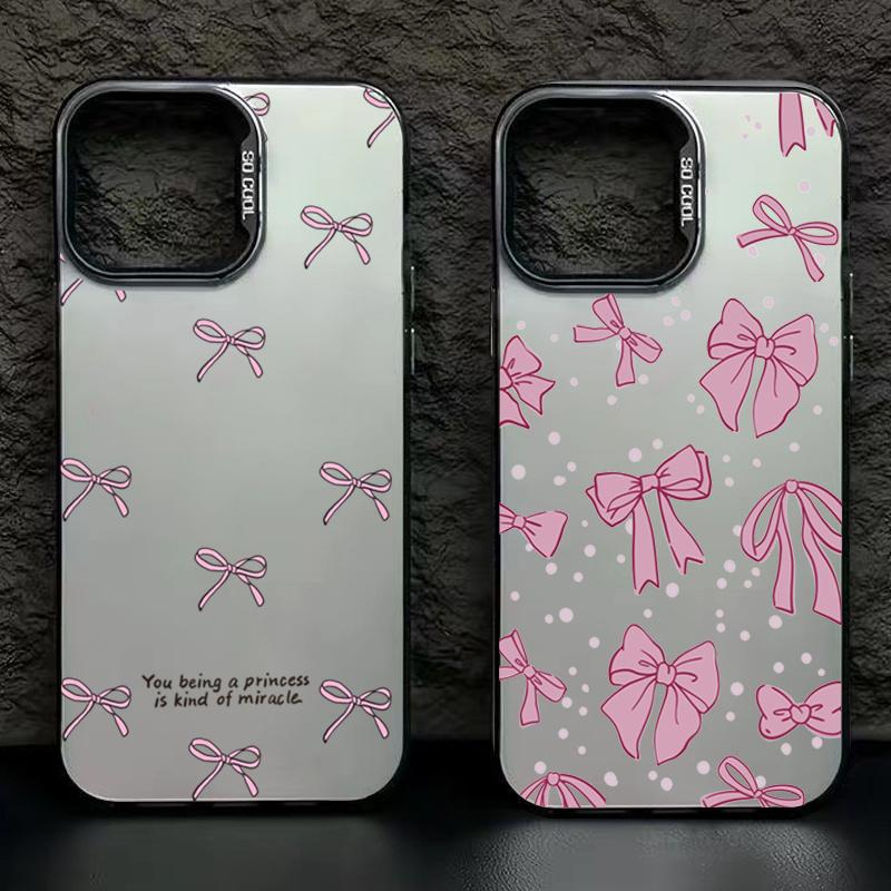 Ins Korean Simple Pink Bow Phone Case for iPhone 15 Pro Max 14 13 12 11 XS X XR 7 8 Plus 15 Luxury Lens Protection Laser Cover