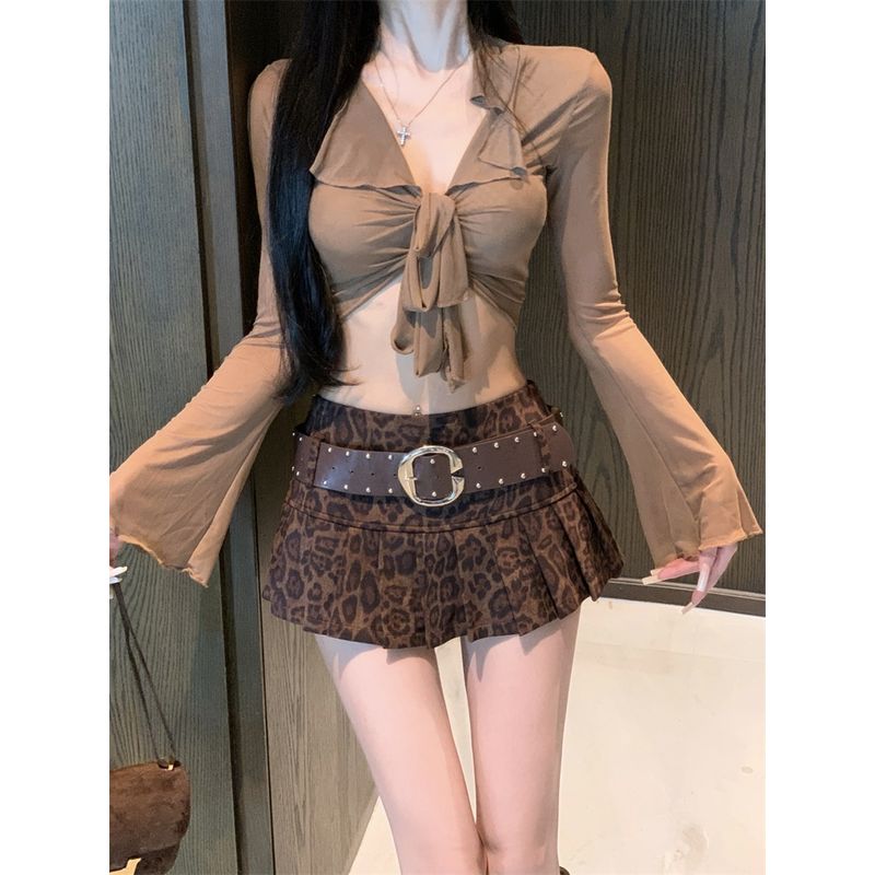Kumikumi American Style Gyaru Style Retro Leopard Print High Waist Skirt Women Autumn Slim Fit Slimming Pleated Skirt Short Dress