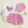 Citgeett Summer Toddler Girl Clothes Bow Flutter Sleeve Tops + Ruffled Shorts + Beret Clothes Set