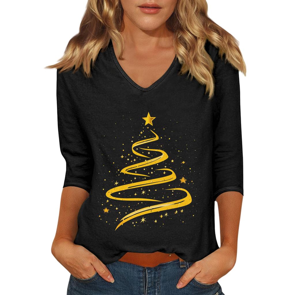 Women's Casual Fashionable Sexy Comfortable V-Neck Christmas Three-Quarter Sleeve Top