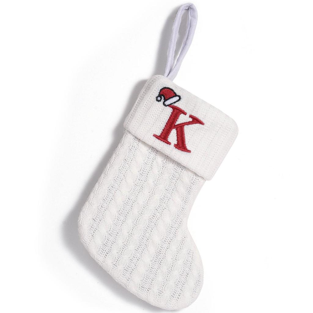 Cross-Border White Knitted Christmas Stocking with Letter Embroidery – Decorative Gift Bag Ornament.